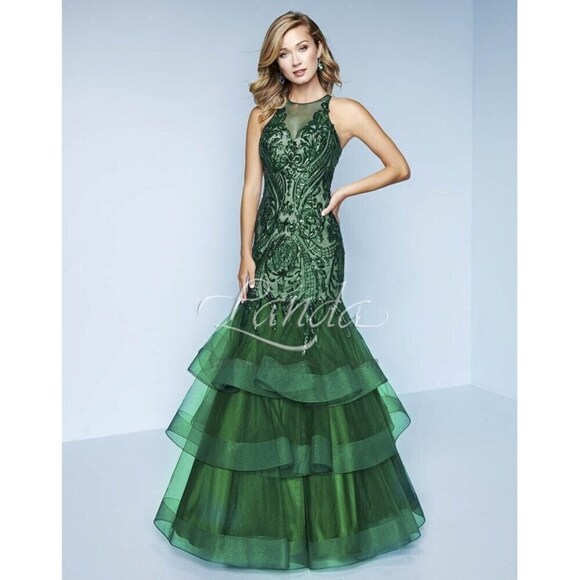 Splash Prom Dresses & Skirts - Splash Prom Sequin Mermaid Ruffle Skirt Dress K166 Emerald